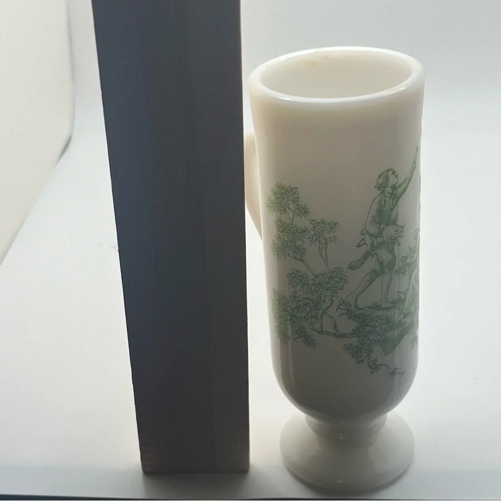 milk glass mug on pedestal green toile design demitasse by Avon cup with handle
